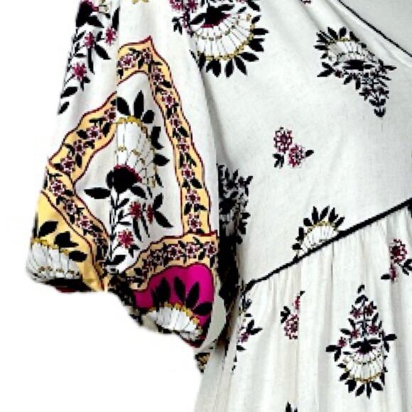 Fig + Flower New Midi Dress V-neck Puff Sleeve Cream Multi Women’s Size Small - Picture 9 of 13